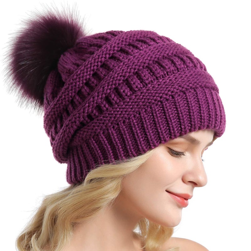 QUEENFUR Women Knit Slouchy Beanie Chunky Baggy Hat with Faux Fur Pompom Winter Soft Warm Ski Cap - Image 4